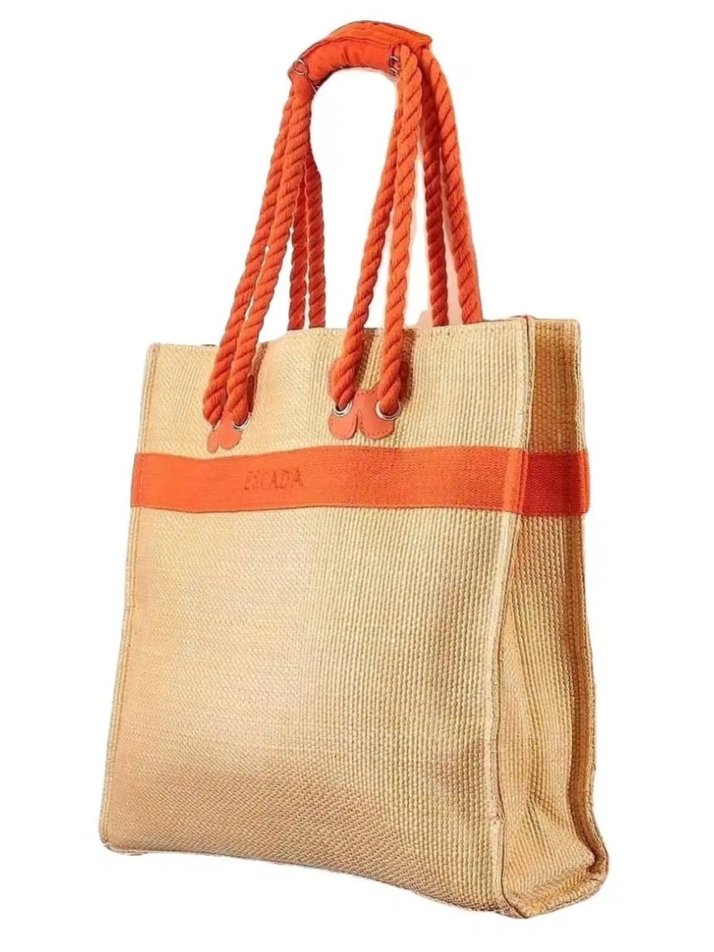 Escada orange & tan woven tote bag beach bag butterfly detail